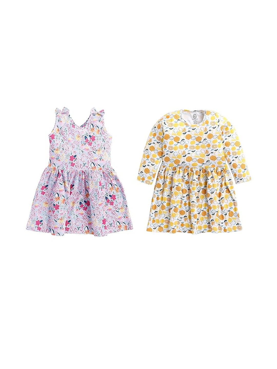 THE COTTON BABY Girls Pack Of 2 Cotton Knee Length Printed Dress With Panty