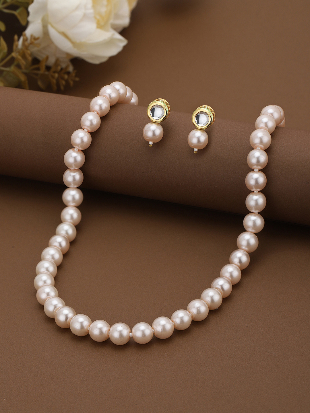 Gold Plated Babypink Pearl Beaded Necklace and Crystal Earring Set