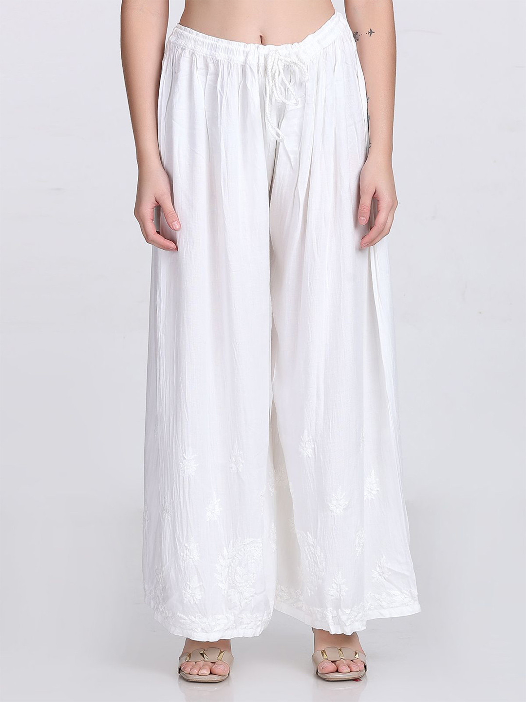 KHAKA Women Floral Embroidered Straight Fit Cotton Palazzos