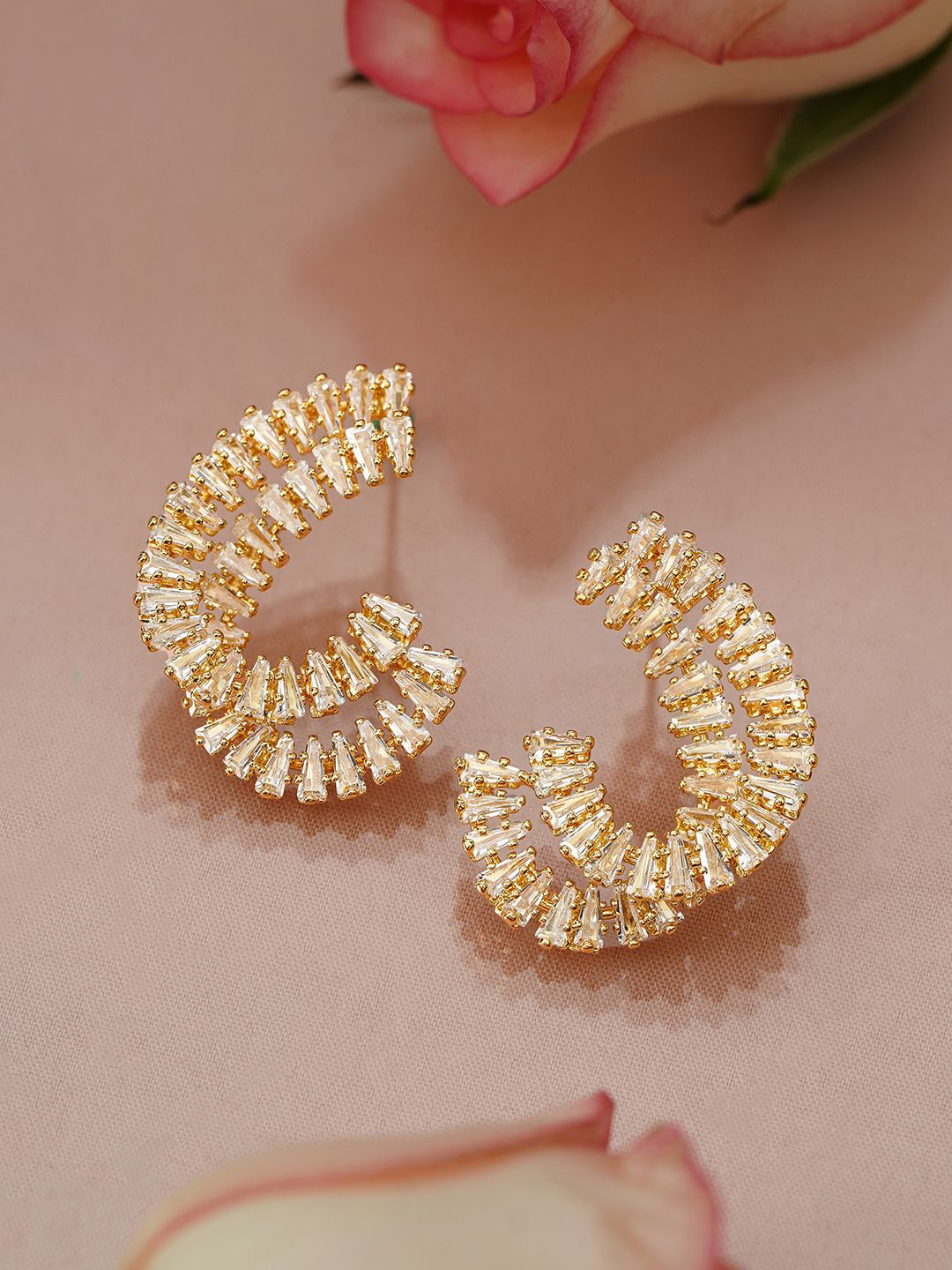 Rubans 18K Gold-Plated White Cubic Zirconia Studded Spiral Design Stud Earrings