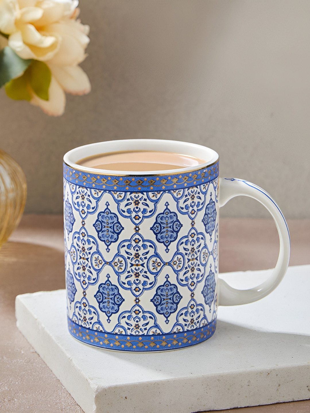 Fabindia Gulmohar Decaled Blue & White Printed Ceramic Glossy Mug 270ml