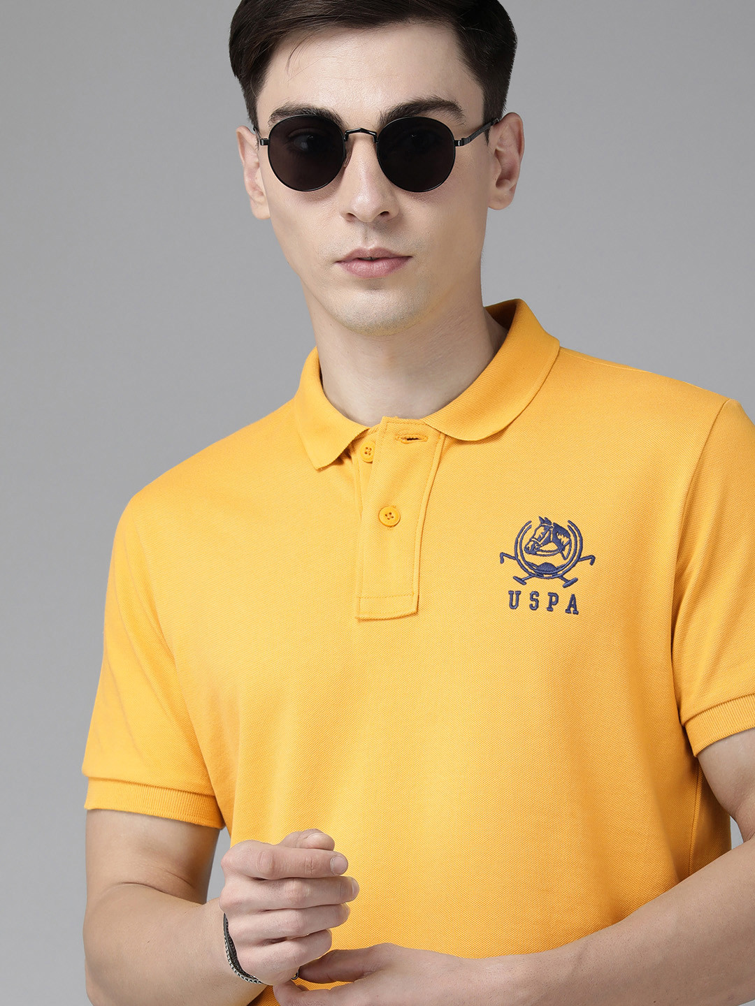 U S Polo Assn Men Mustard Yellow Brand Logo Embroidered Polo Collar Pure Cotton Slim Fit T-shirt