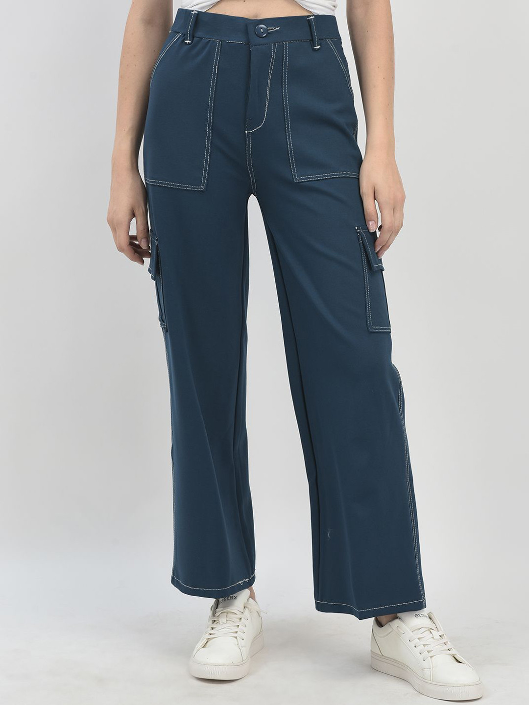 FNOCKS Women Relaxed Straight Fit High Waist Easy Wash Cargos