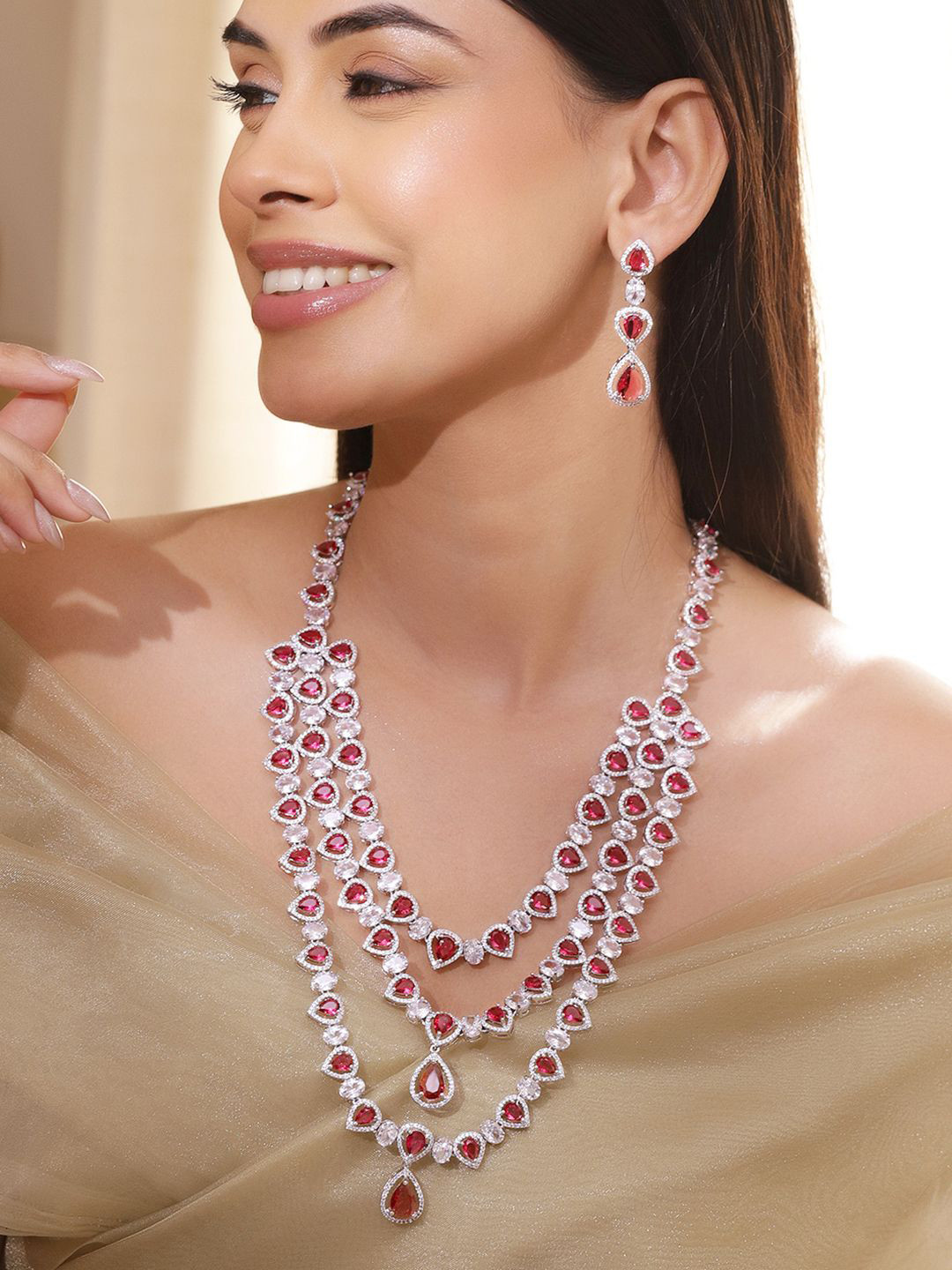 Rubans Rhodium-Plated Multi-Layer Ruby Red & Cubic Zirconia Luxe Statement Necklace Set