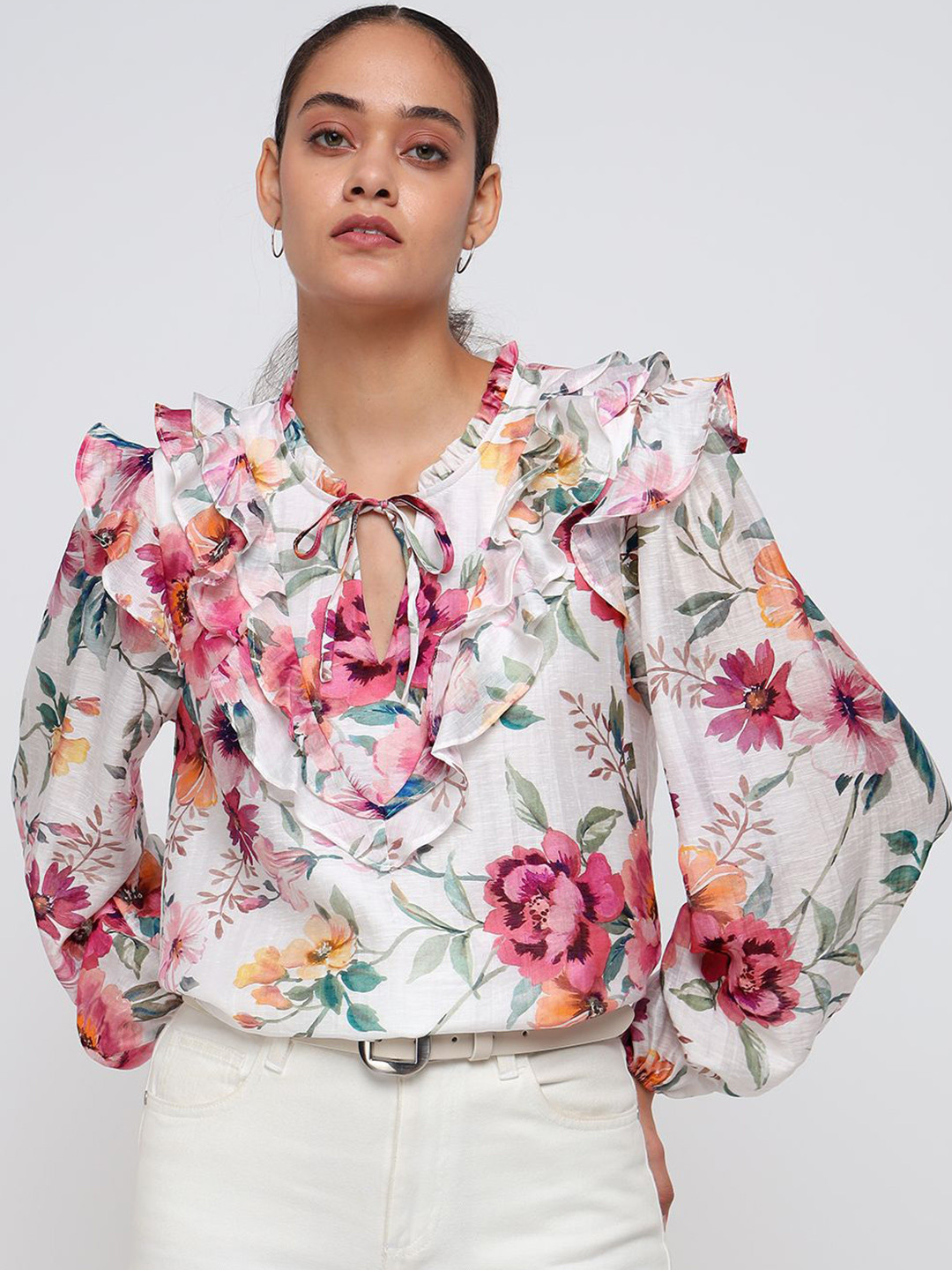 COVER STORY Belletomane Women Floral Printed Tie-Up Neck Puff Sleeve Ruffles Top