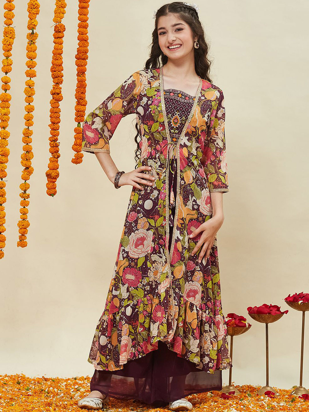 CurlyTales Girls Georgette Floral Pattern Blouse and Plazzo with kaftan Shrug Set