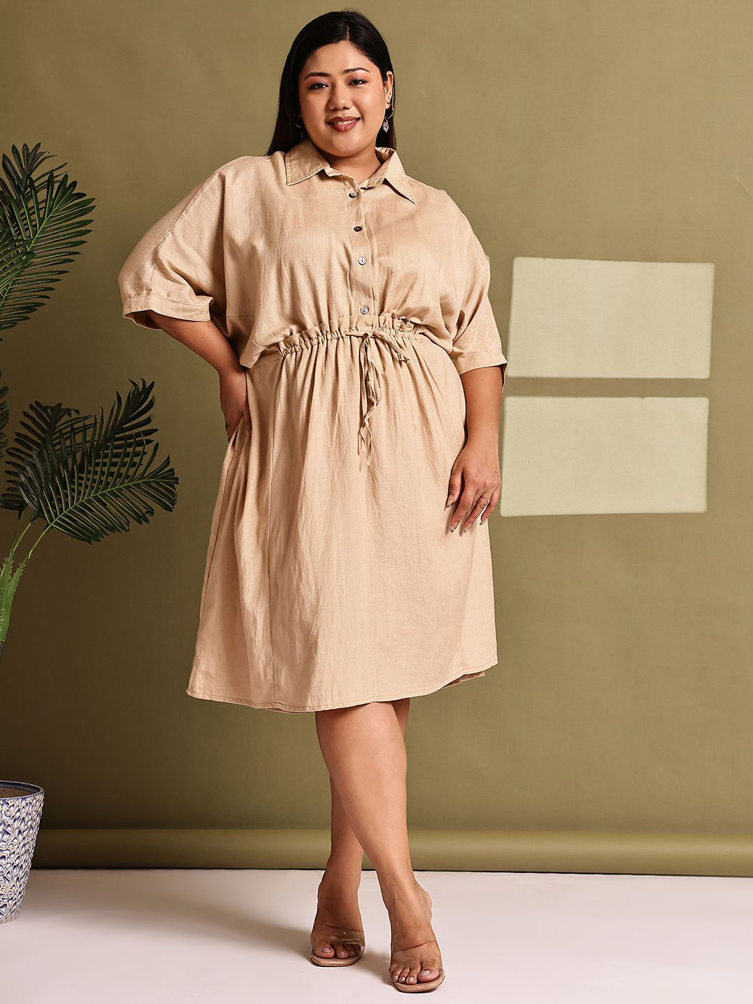 theRebelinme Women Plus Size Shirt Collar Kimono Sleeve A-Line Midi Dress