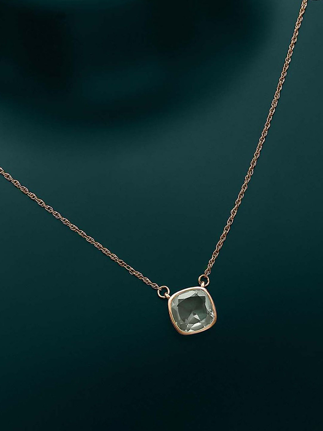 Tweov Rose Gold Square Cut Green Silver Chain Necklace