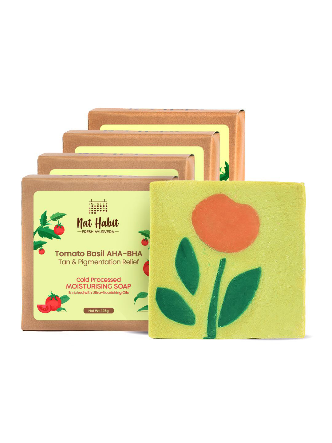 Nat Habit Set Of 4 Cold Processed Tomato Basil Soap- 125 g Each
