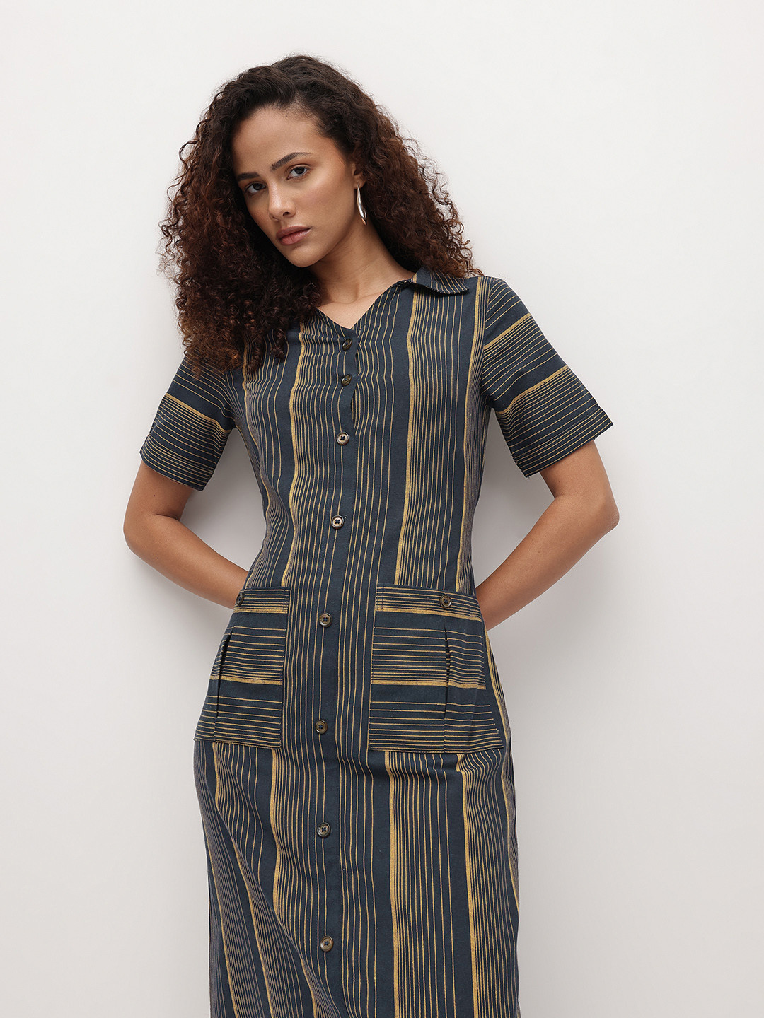 R.Code by The Roadster Life Co. Striped Shirt Pure Cotton Maxi Dress with Mock Buttons