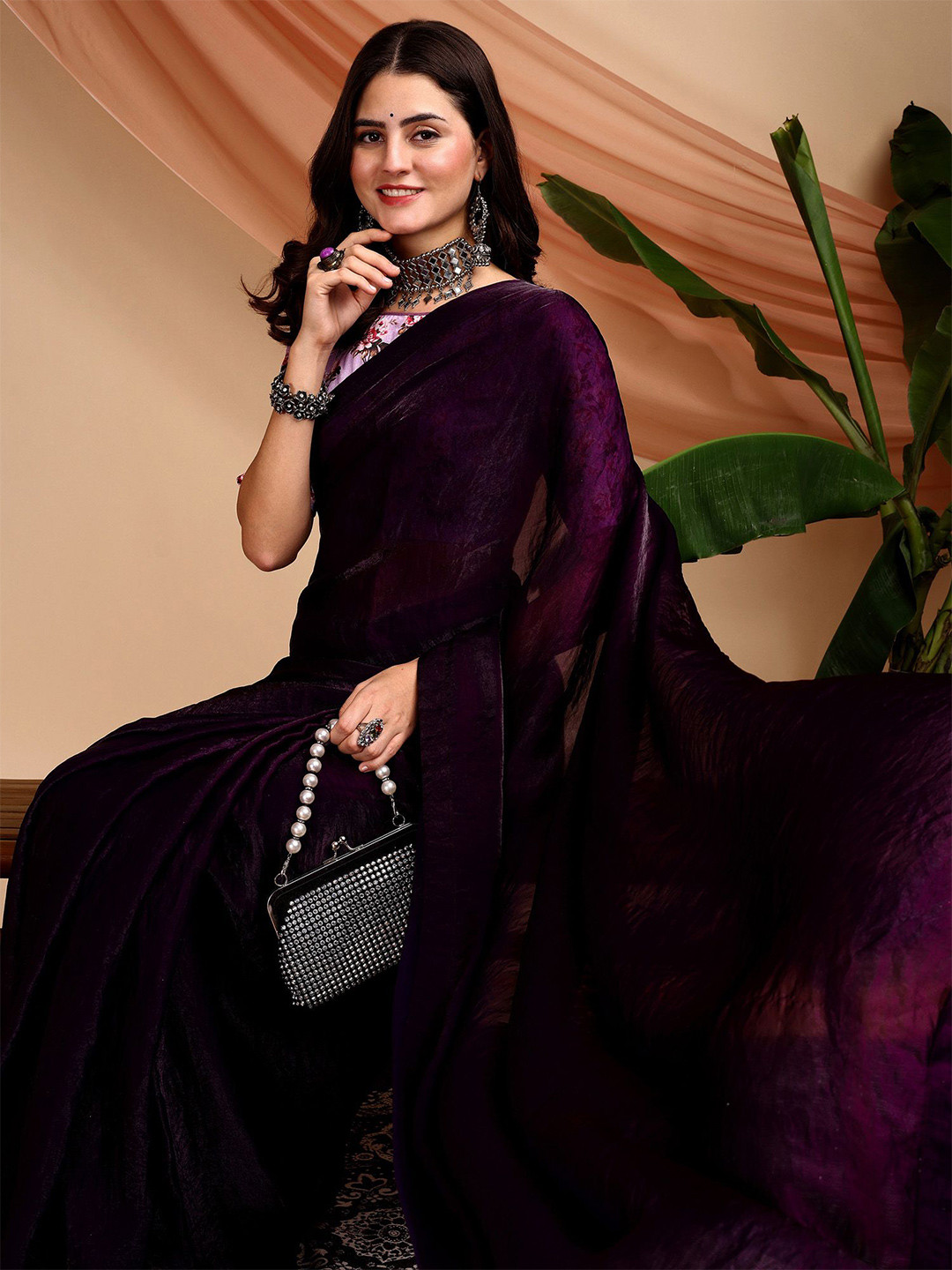 Sangria Glass Shine Pure Chiffon Designer Saree