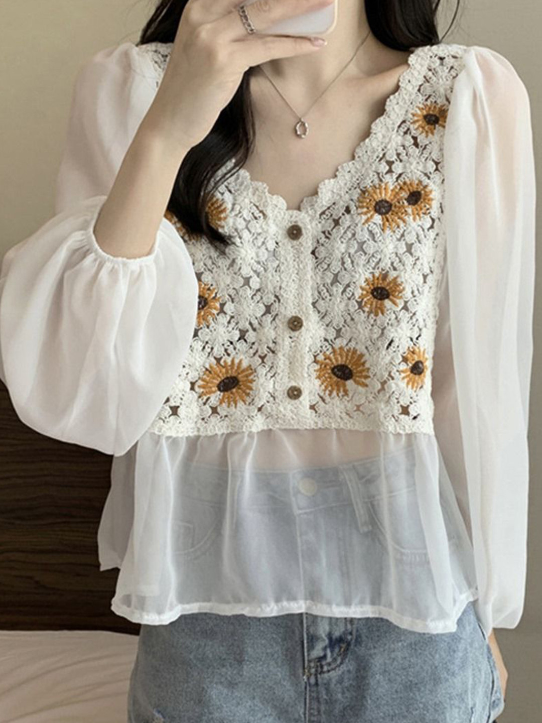 StyleCast Women Floral Embroidered Puff Sleeve Semi Sheer Peplum Top