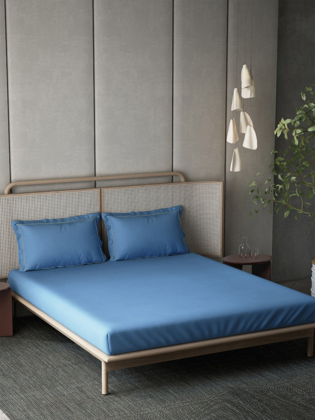 DDecor Duet Blue Pure Cotton 300 TC Super King Bedsheet Set-2.74 m X 2.74 m