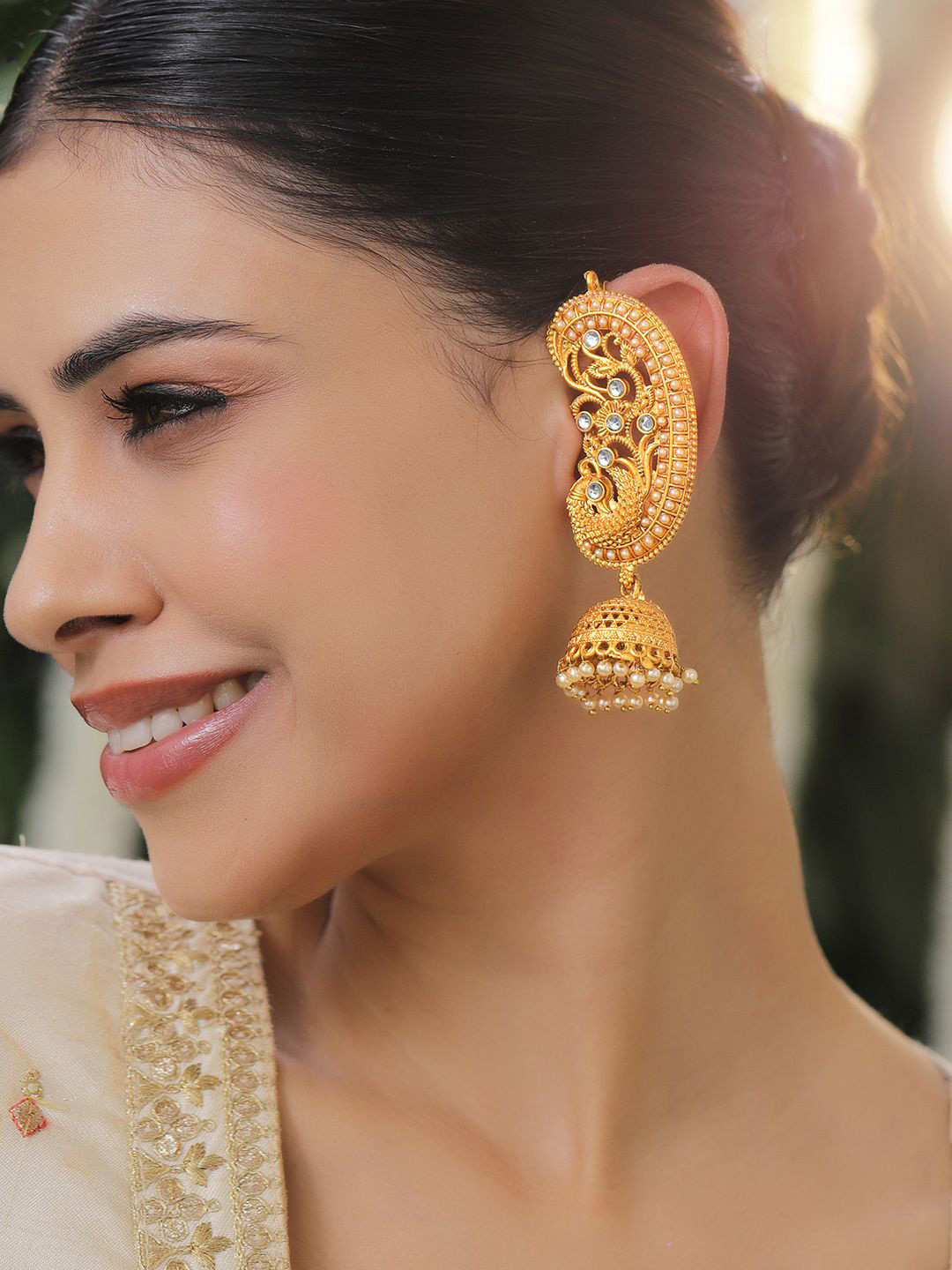 Rubans 22K Gold-Plated Peacock Motif Ear-Cuff Jhumka Earring with White Stone & Pearl Drop