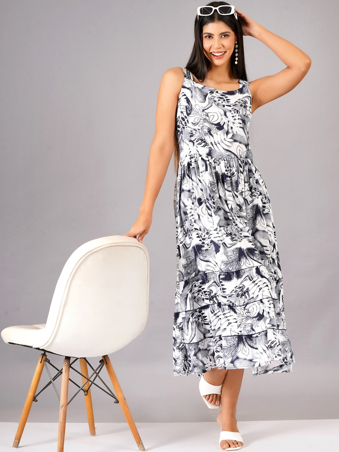 Jyoti Women White Square Neck Viscose Rayon Floral Printed Sleeveless Dress