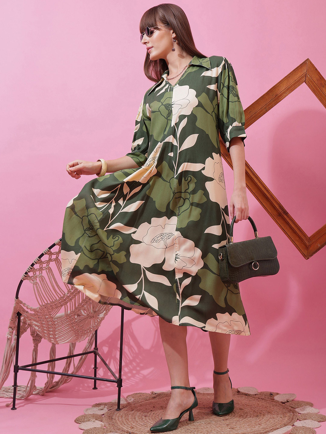 De La Moda Women Floral Printed A-Line Shirt Collar Midi Dress