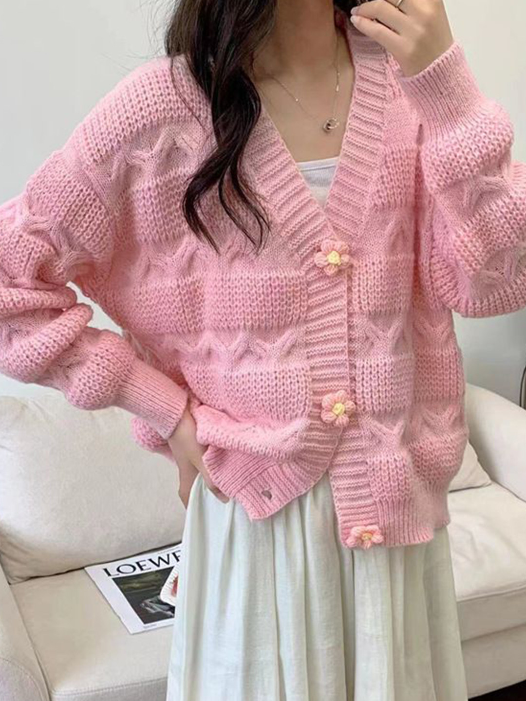 StyleCast Women Cable Knit Self Design V-Neck Long Sleeve Front-Open Sweaters