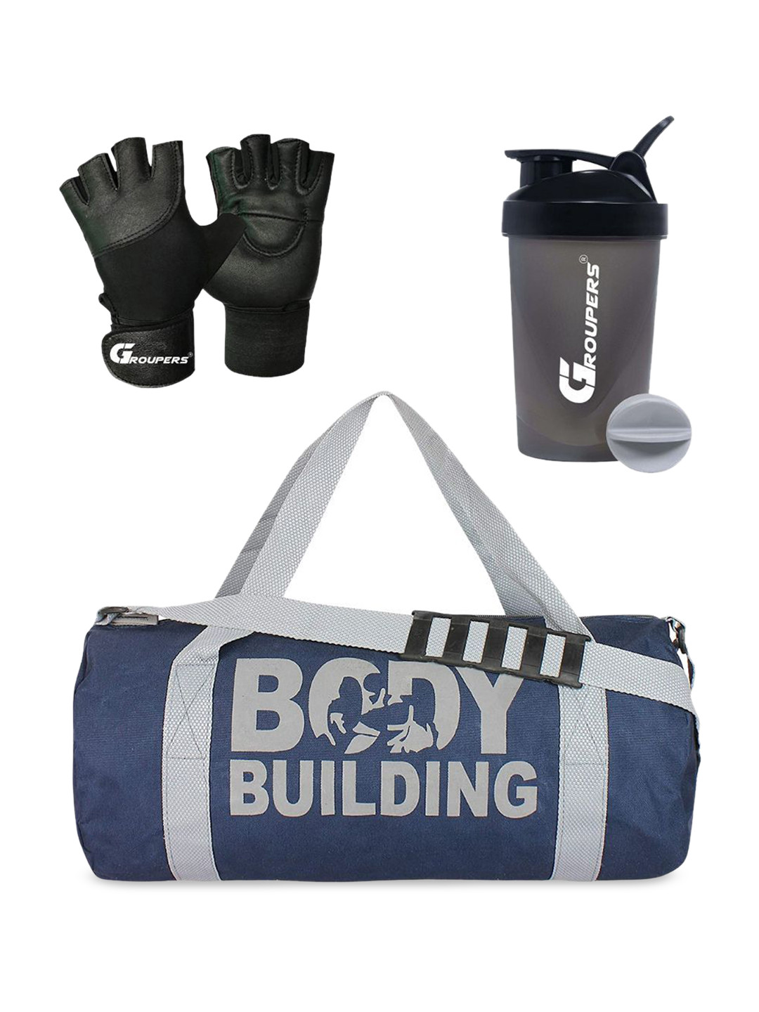 GROUPERS Medium Foldable Gym Duffel Bag With Shaker Bottle & Training Gloves