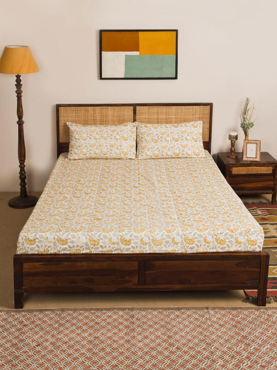 Fabindia Yellow & White Floral 180 TC Cotton Double Queen Bedsheet Set 2.35 m x 2.6 m