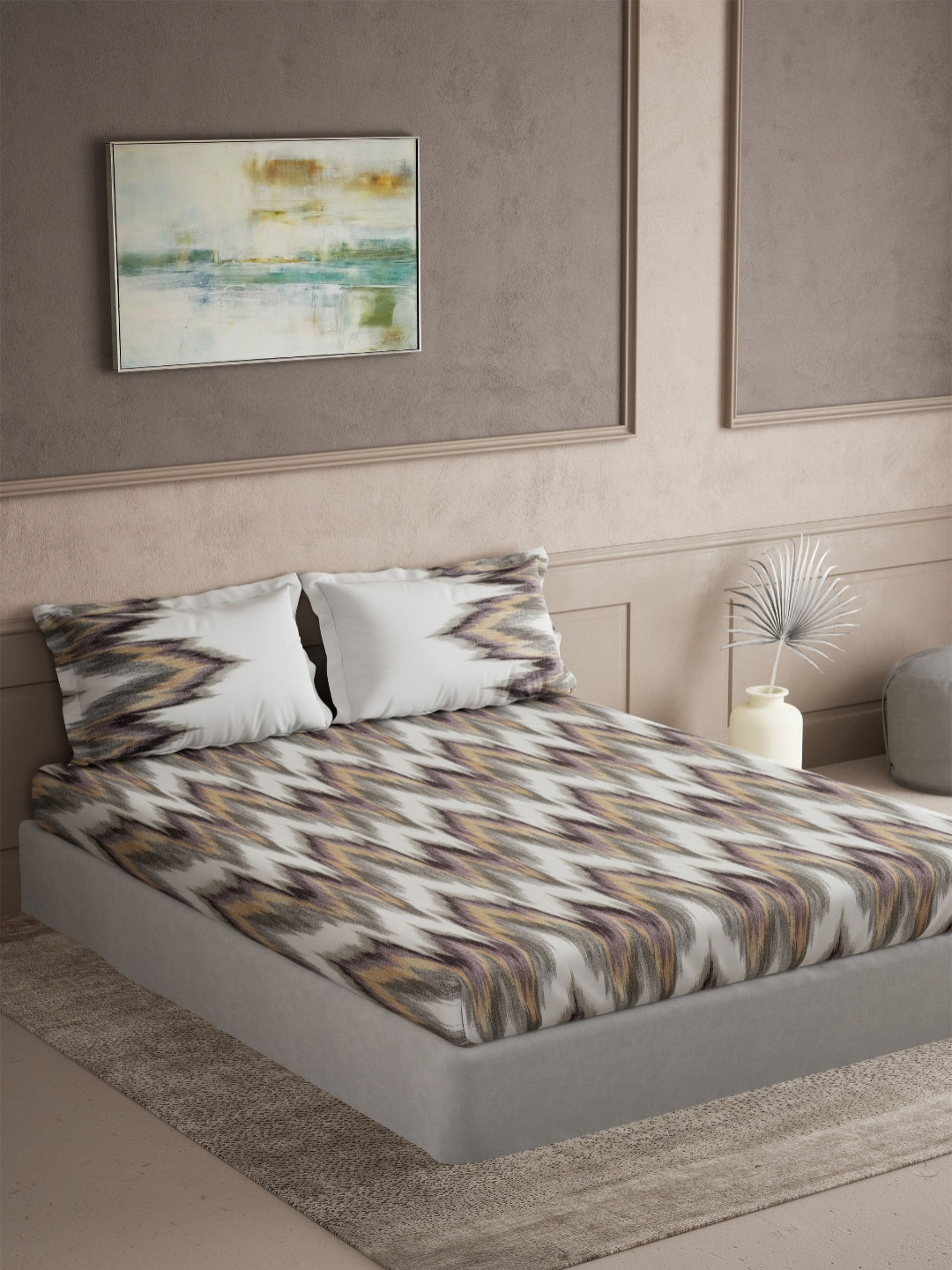 DDecor Radiance Brown Printed Pure Cotton 144 TC Super King Bedsheet Set 2.74 x 2.74 m