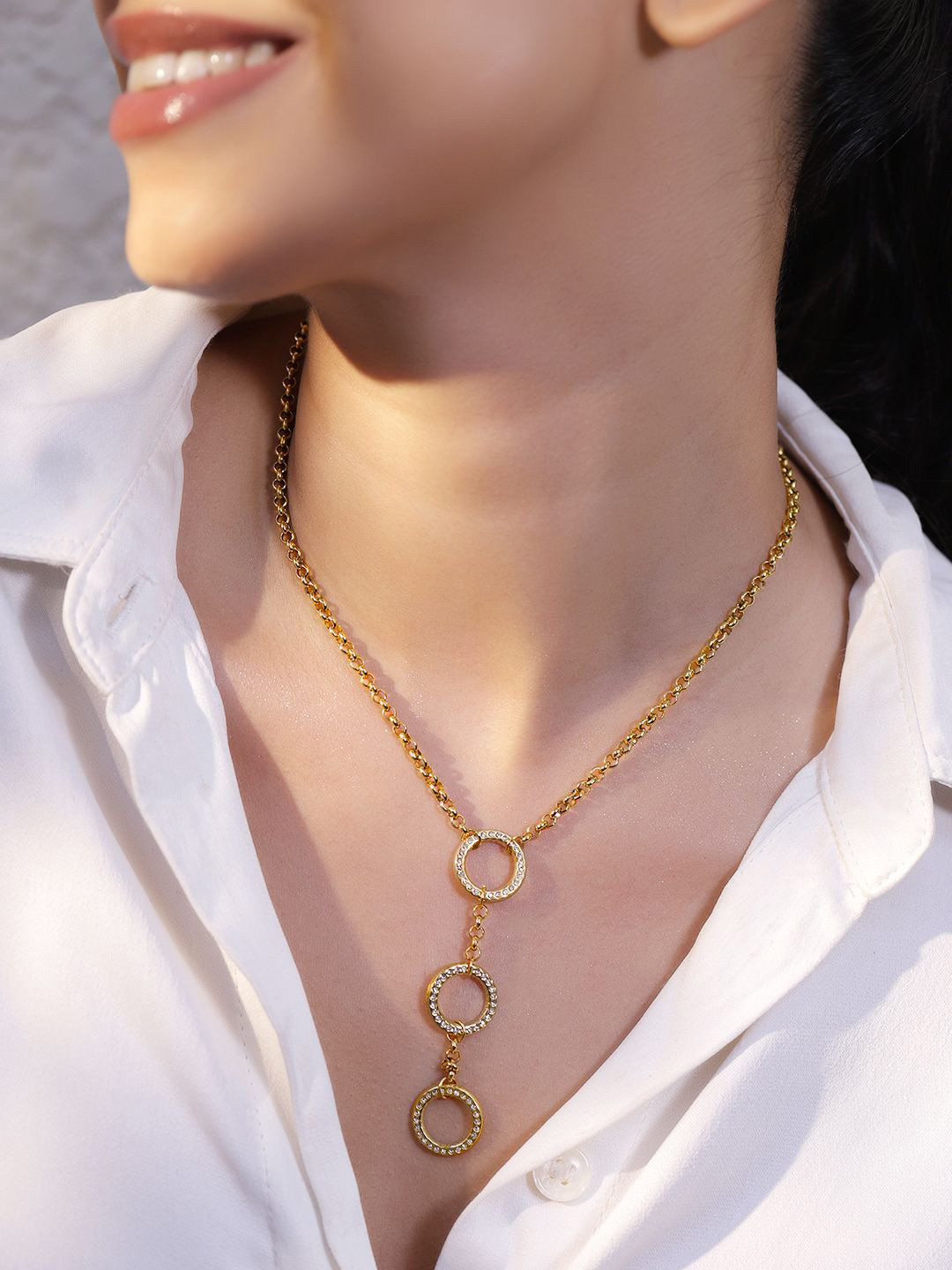 Rubans 22K Gold-Plated Circular Pendant Necklace with Cubic Zirconia Detailing