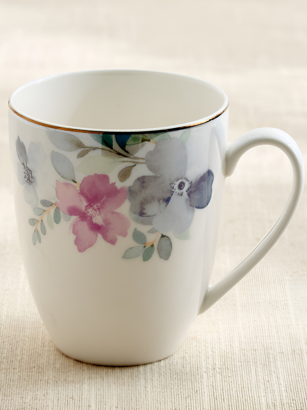 Home Centre Altius Periwinkle White & Blue Floral Printed Porcelain Glossy Mug- 350ml