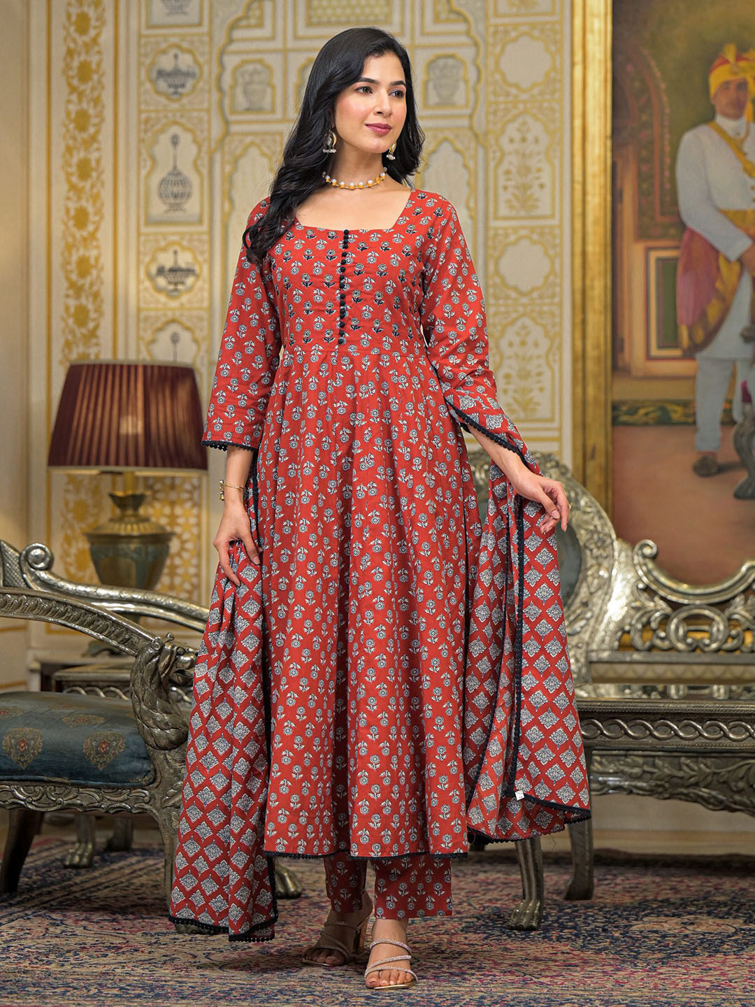 Aavanya Maroon Cotton Bead & Stone Work Square Neck Anarkali Kurta & Palazzo With Dupatta