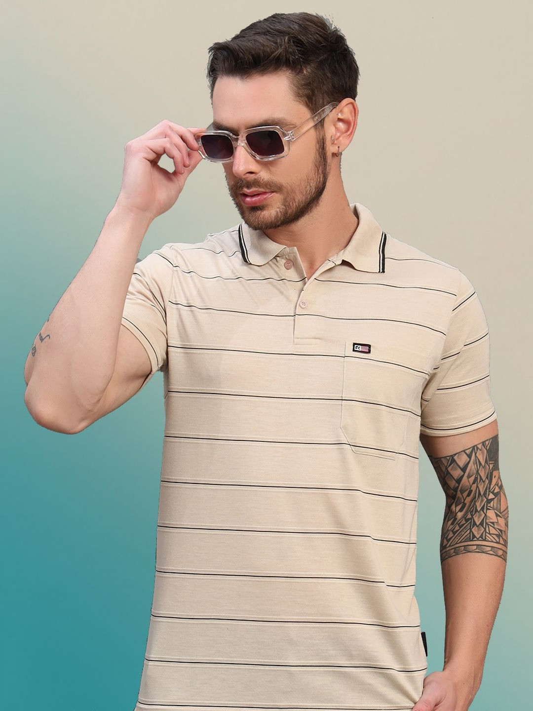 RENUOVO Striped Polo Collar Short Sleeves Pocket T-shirt
