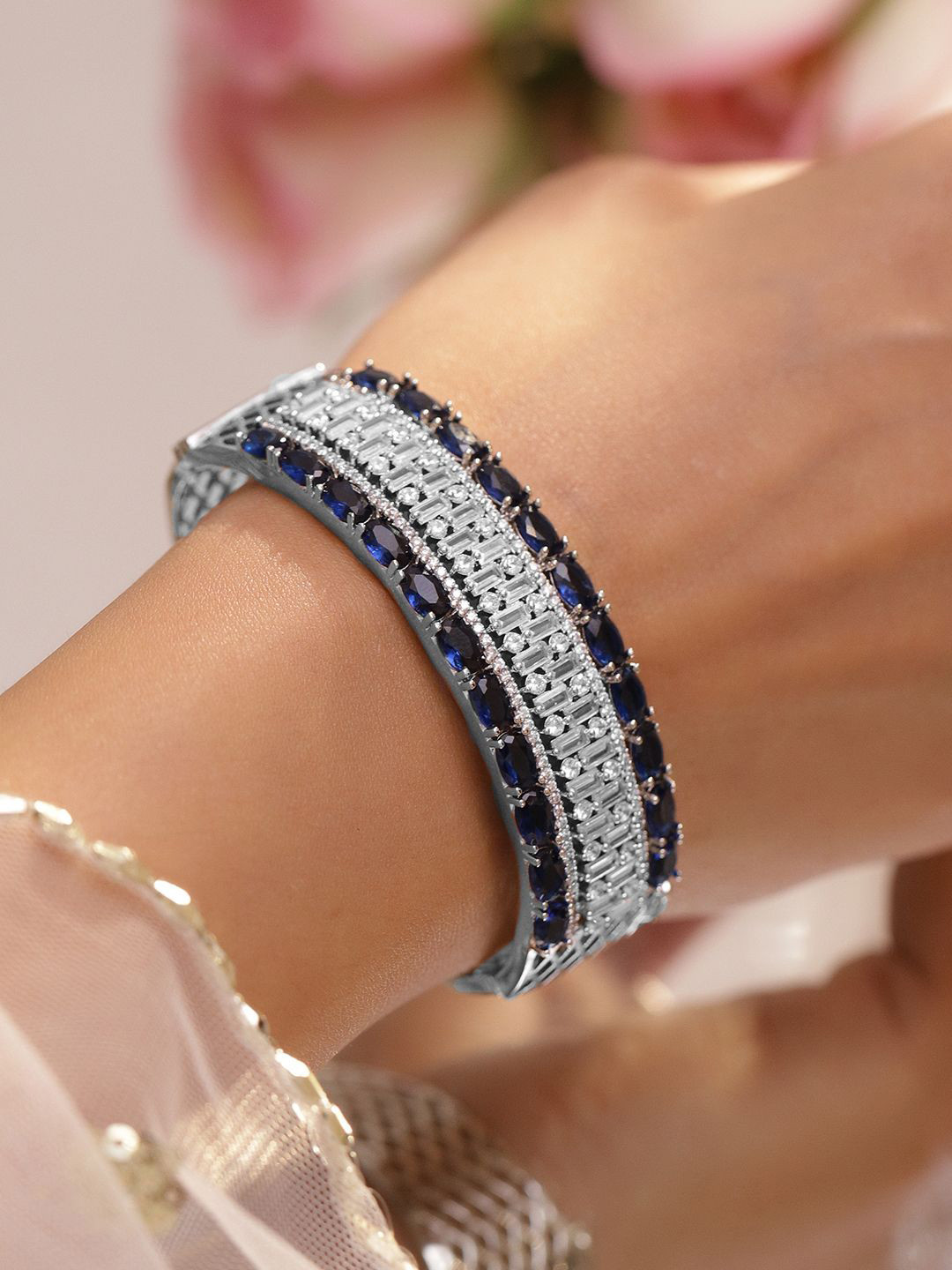 Rubans Rhodium-Plated Bracelet with Blue Sapphire Stones & Cubic Zirconia Detailing