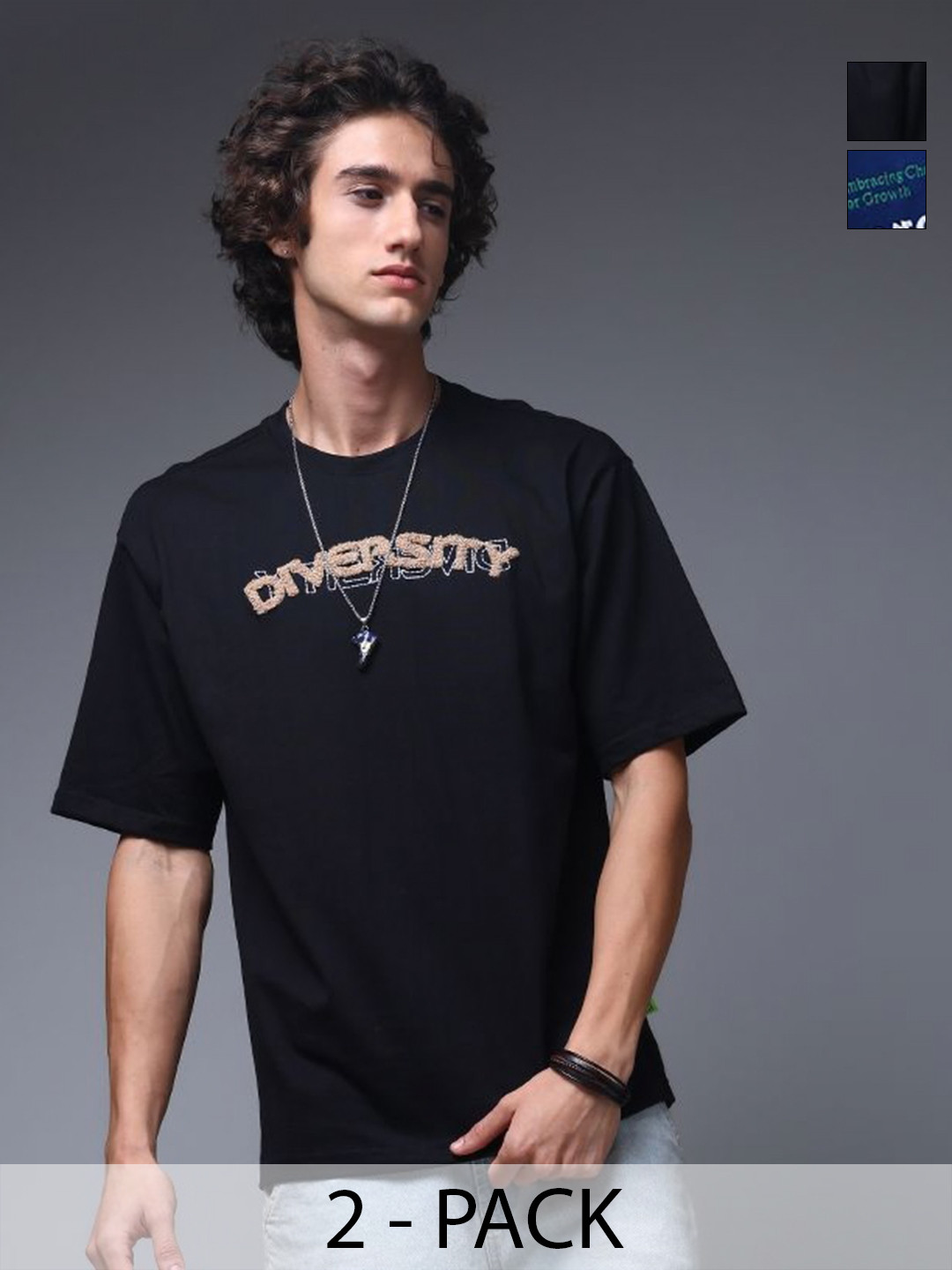 MADSTO Pack Of 2 Typography Embroidered Cotton Regular Fit T-shirts