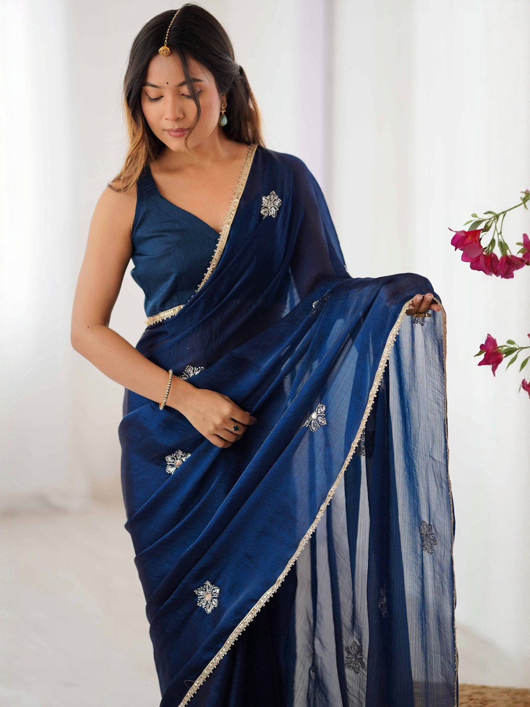 Peachmode Blue Organza Embellished  Sarees