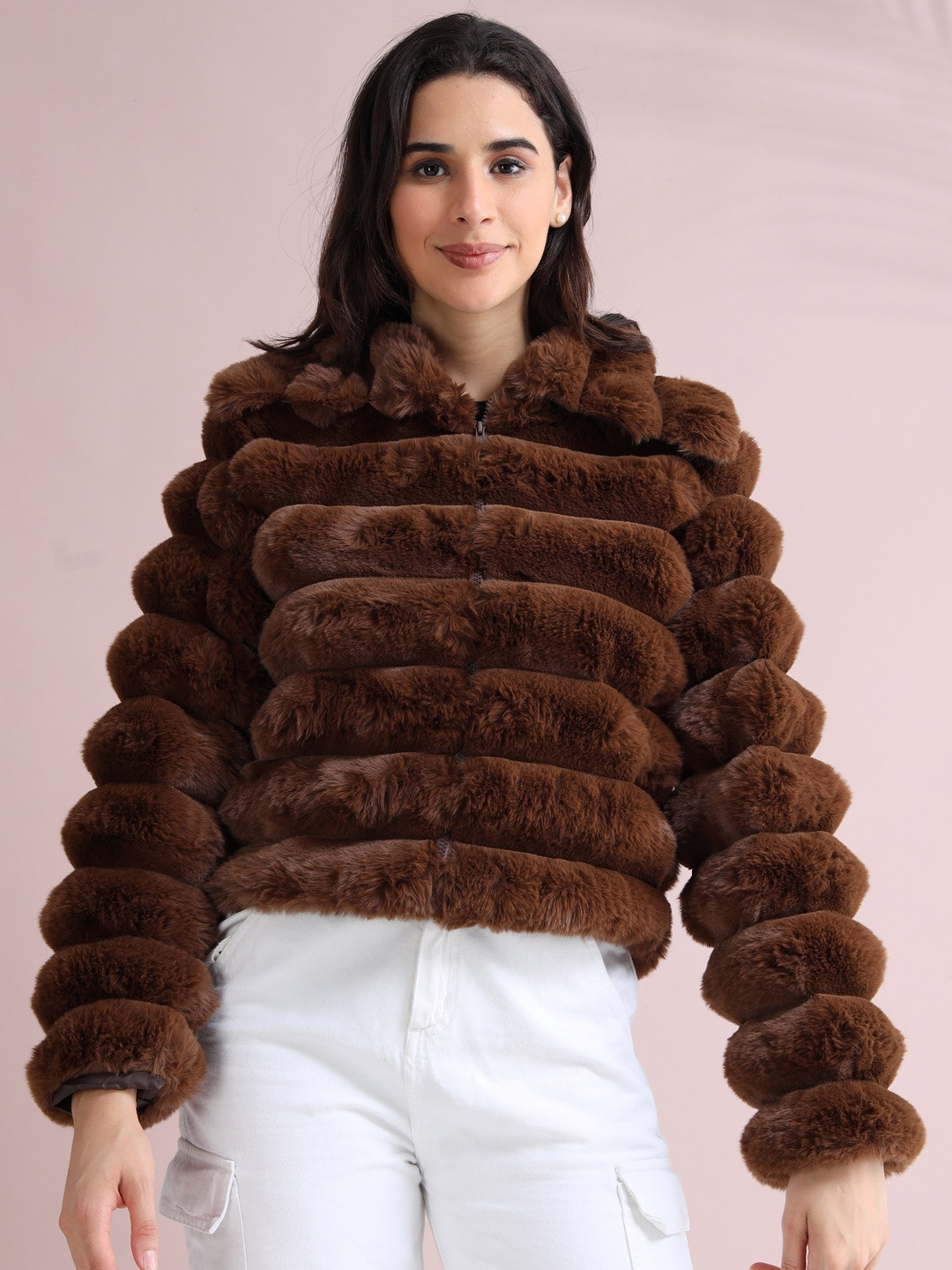 ALLWIN PAUL Women Brown Fur Lightweight Crop Jacket