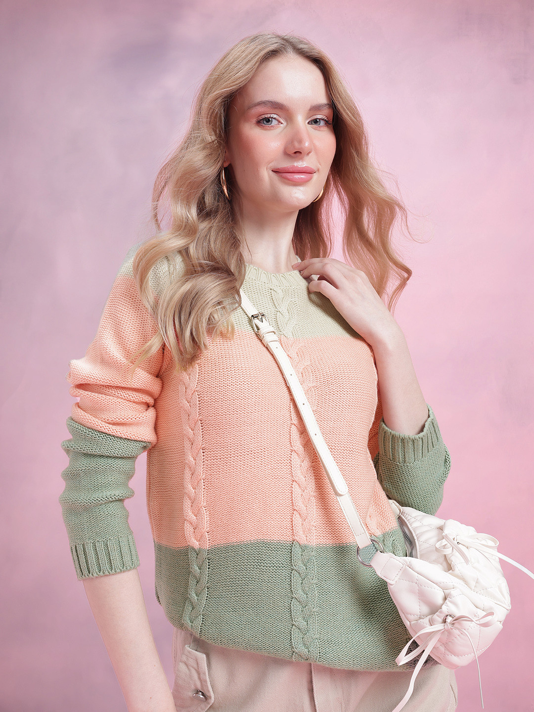 DressBerry Colourblocked Round Neck Acrylic Pullover with Cable Knits