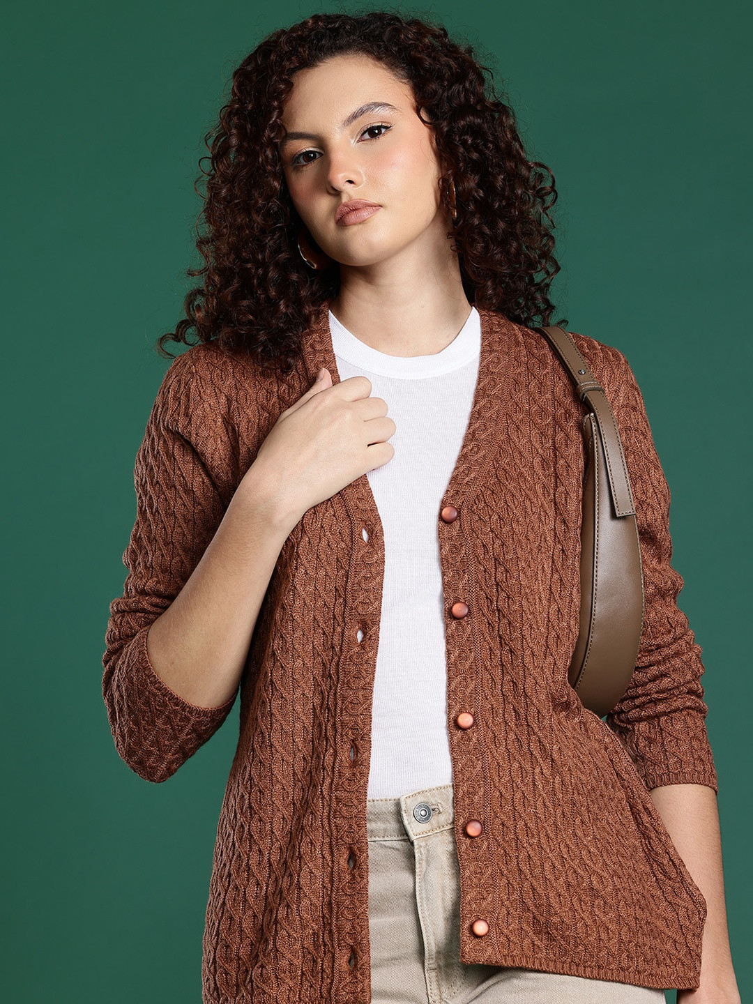 Roadster Women Rust Woolen Cable Knit V-neck Cardigan