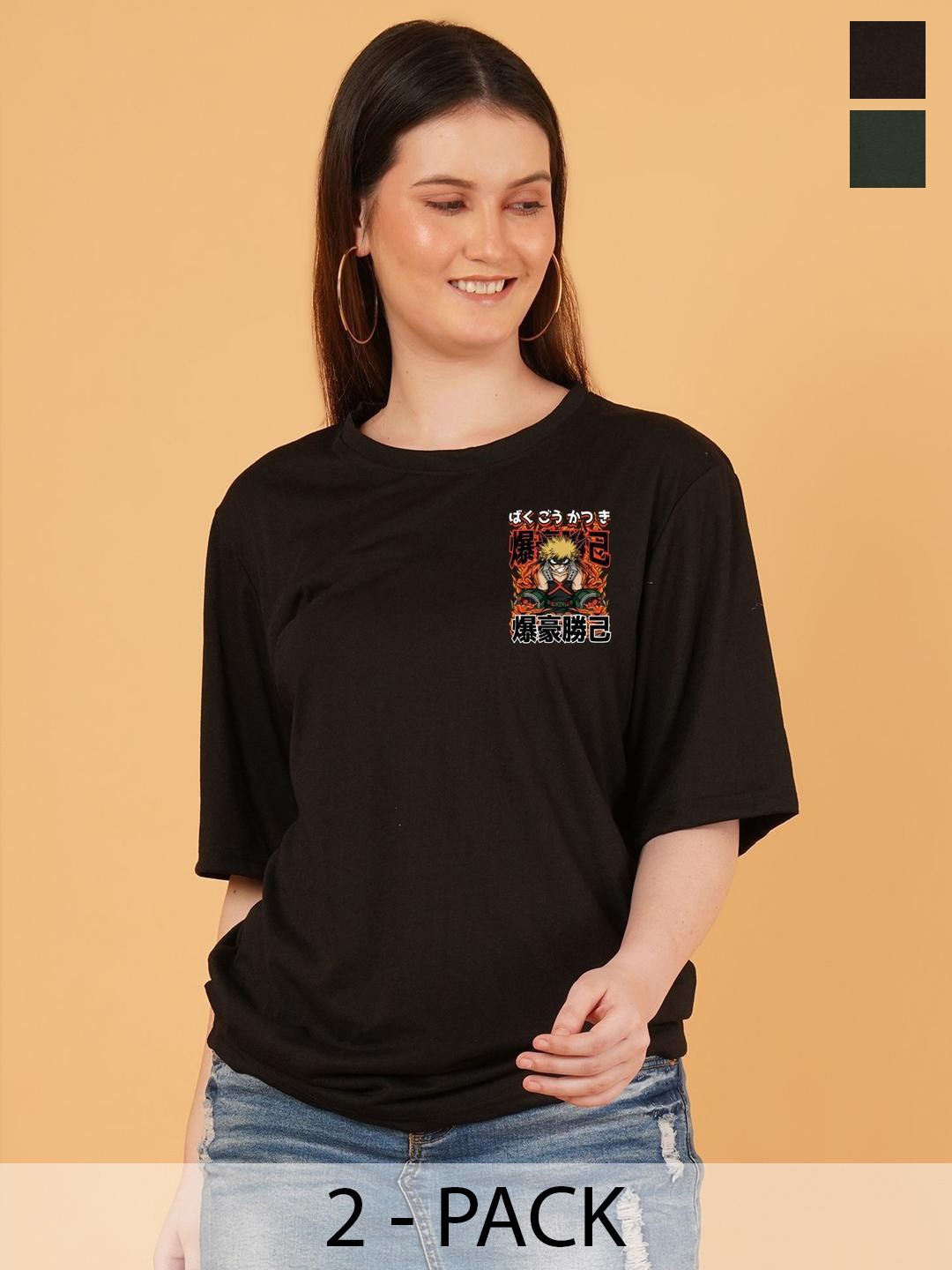 kintu parantu Women Pack Of 2 Anime Print Oversized T-shirt