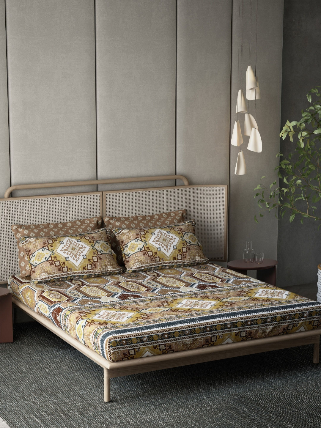 DDecor Orion Brown & White Ethnic Motifs 180 TC Super King Bedsheet Set-2.74 m X 2.74 m