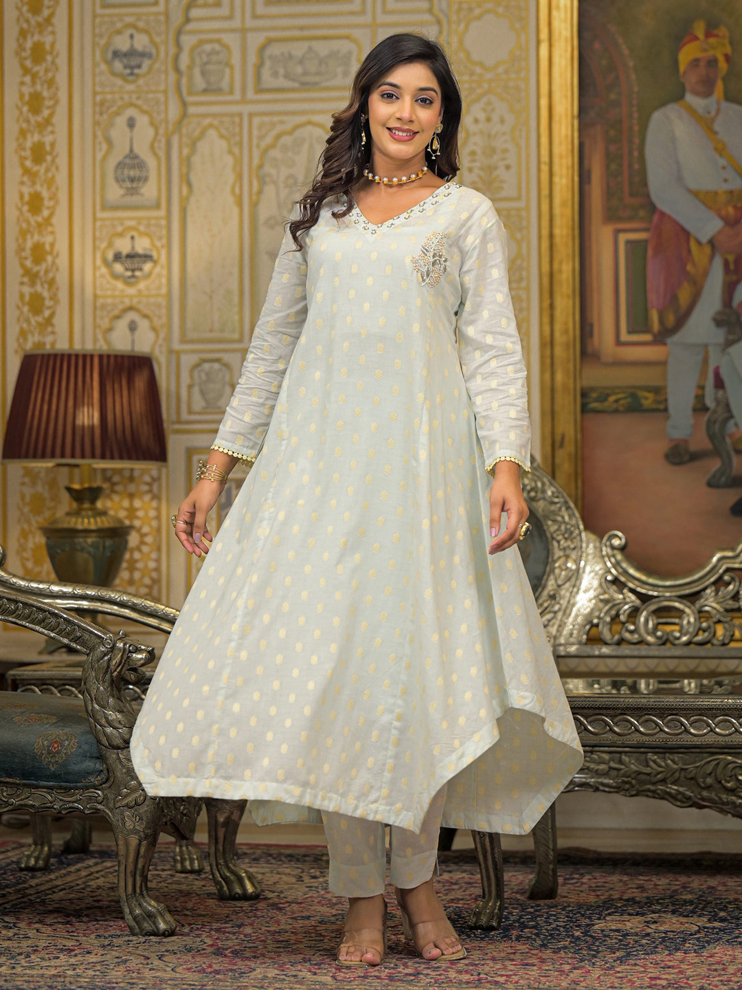 Aavanya Blue Chandery Bead & Stone Work Round Neck Anarkali Kurta & Trouser With Dupatta