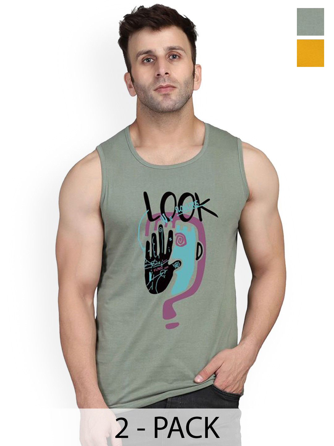 SLOWLORIS Pack Of 2 Combed Cotton Gym Vests VSL26 CMB(LOOK LGTGREEN)(LOUD MUSTARD)