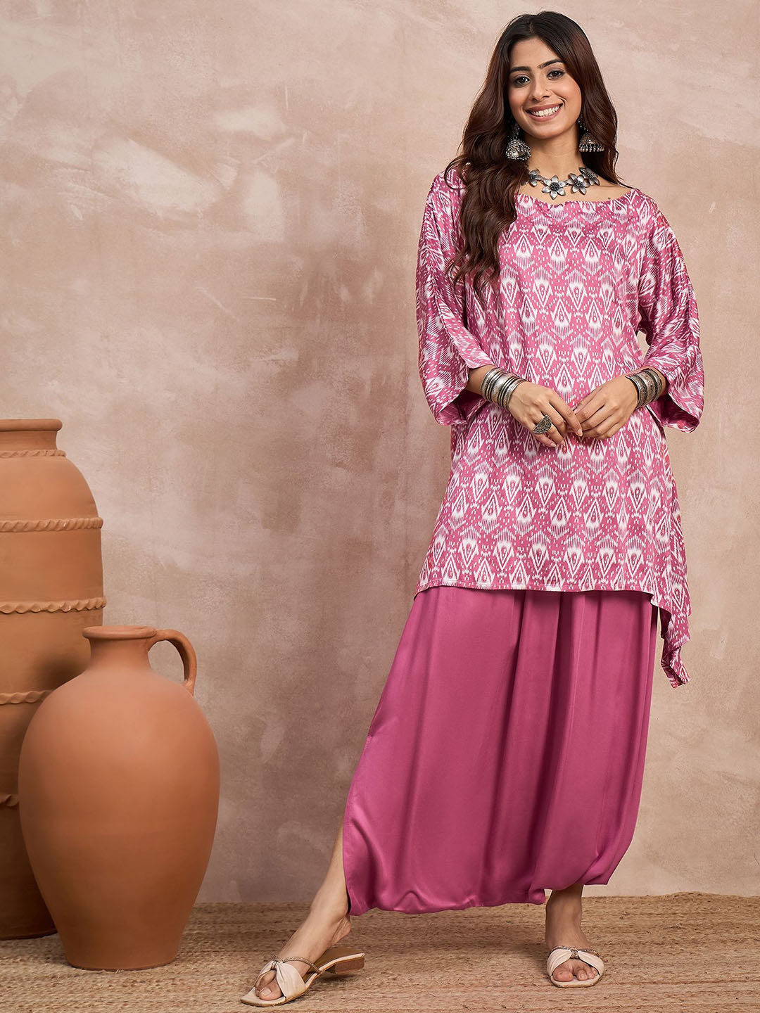InWeave Ethnic Motifs Printed Boat Neck A-line Kurti With Dhoti Pants