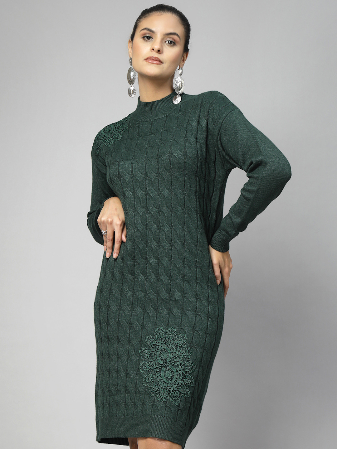 Mafadeny Elegant Mock Neck Cable Knit Dress with Delicate Lace Detail