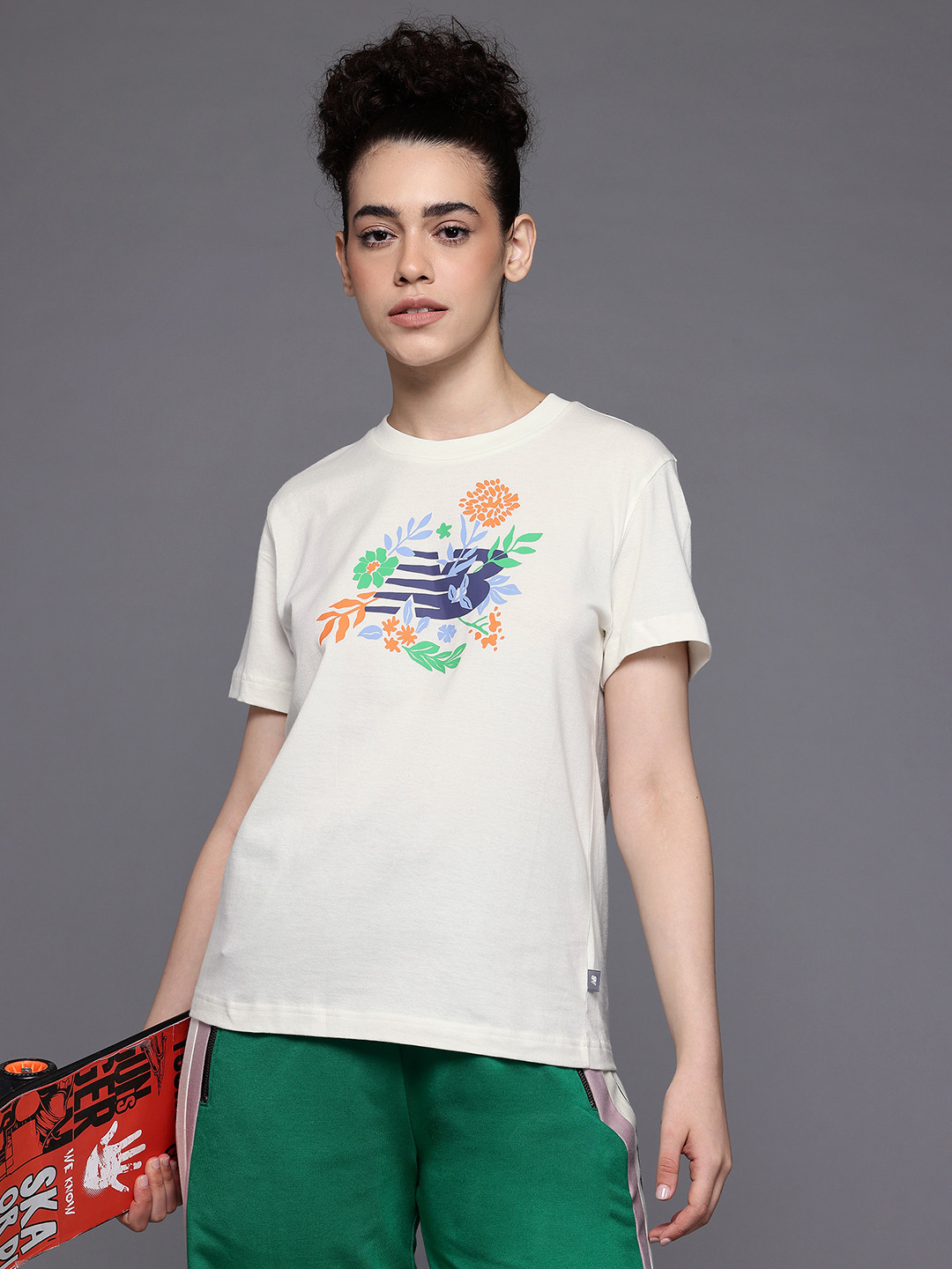 New Balance Brand Logo & Floral Printed Pure Cotton T-shirt