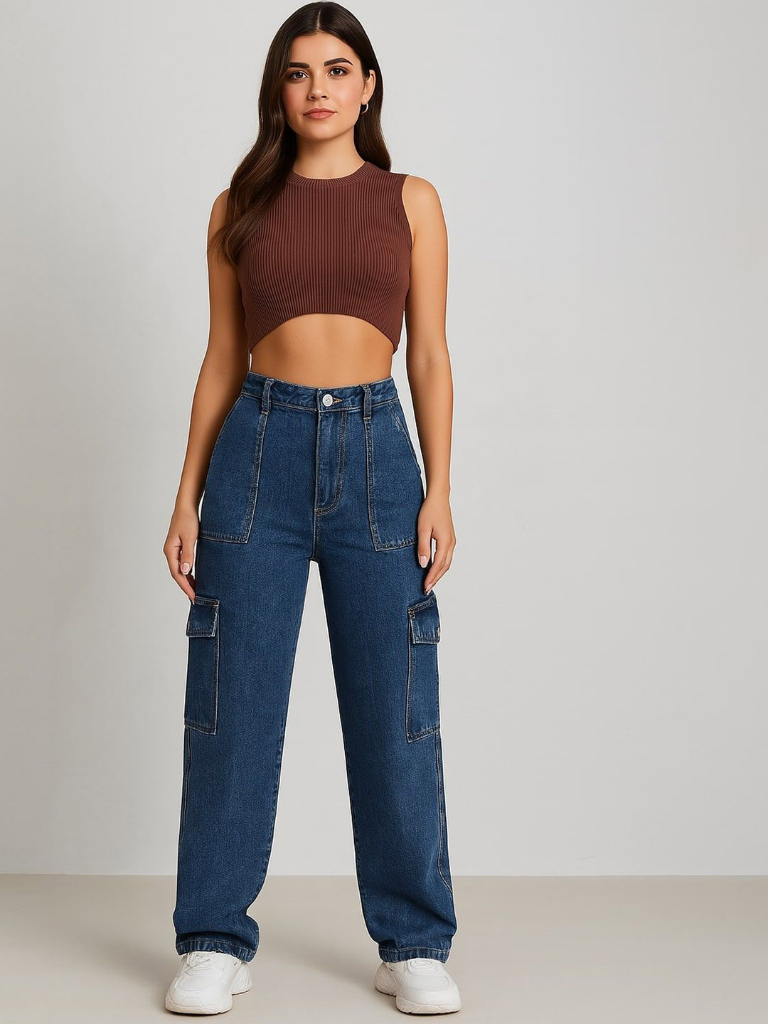 NU CLOTHS Women High-Rise Light Fade Stretchable Cargo Jeans