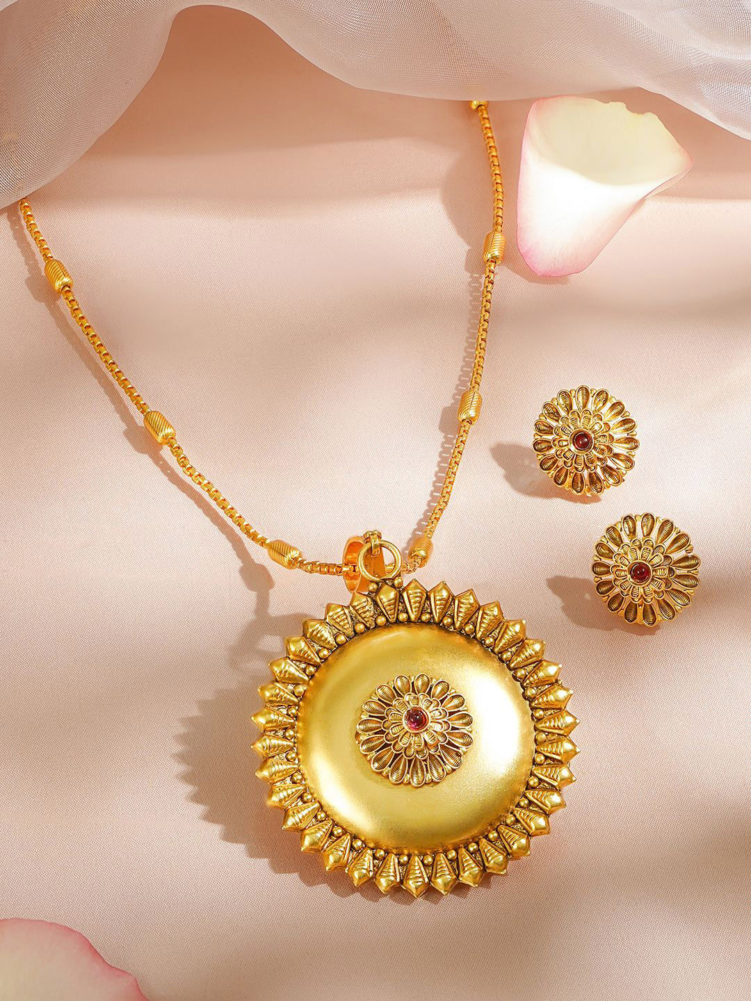 Rubans Women 18K Gold-Plated Ethnic Pendant Necklace Set with Ruby Red Center Stone