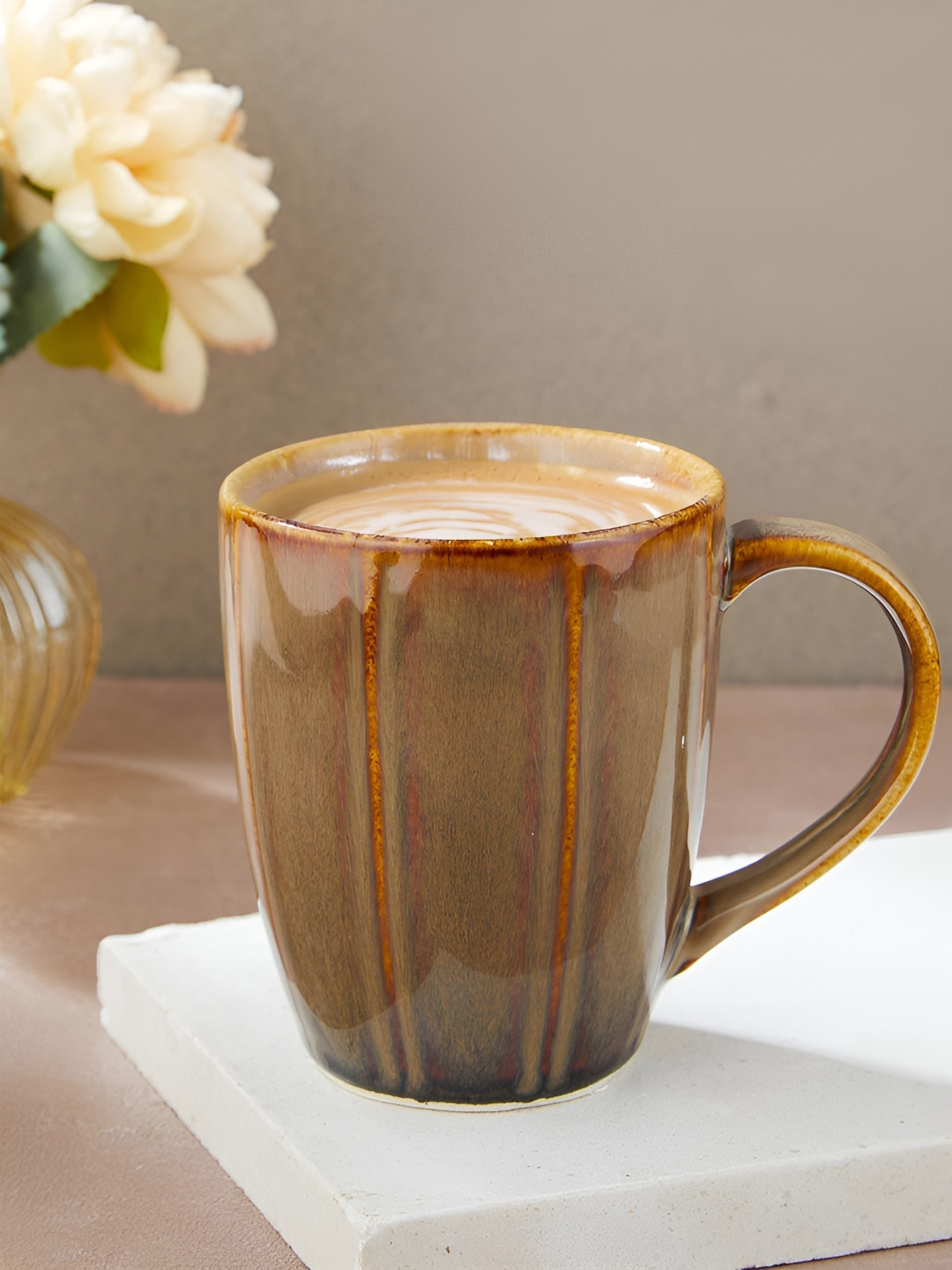 Fabindia Ahilya Beige & Brown Ceramic Glossy Mug 300ml