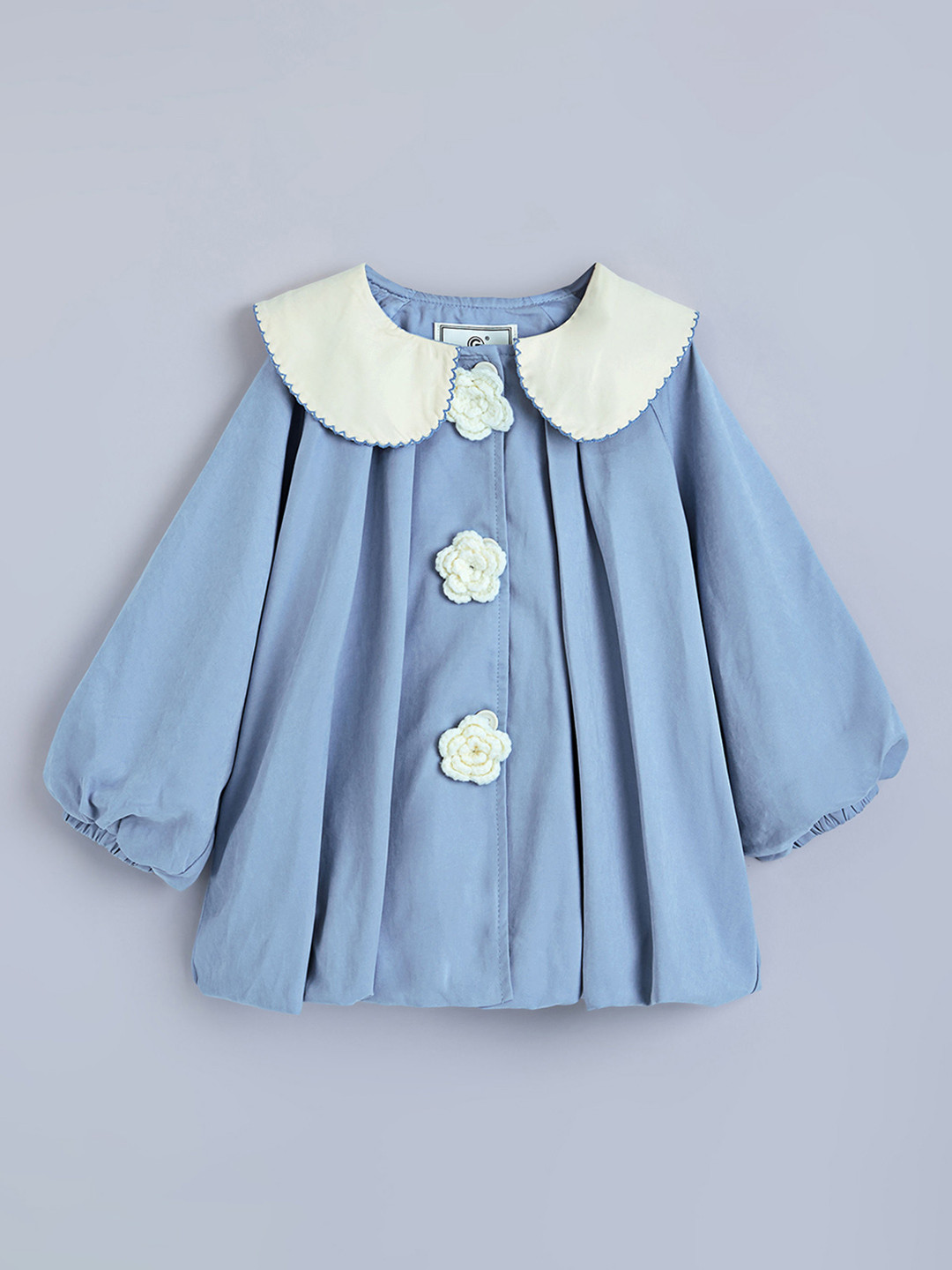 Hopscotch Girls Blue Floral Applique Pleated Long Sleeves Peter Pan Collar Long Coat