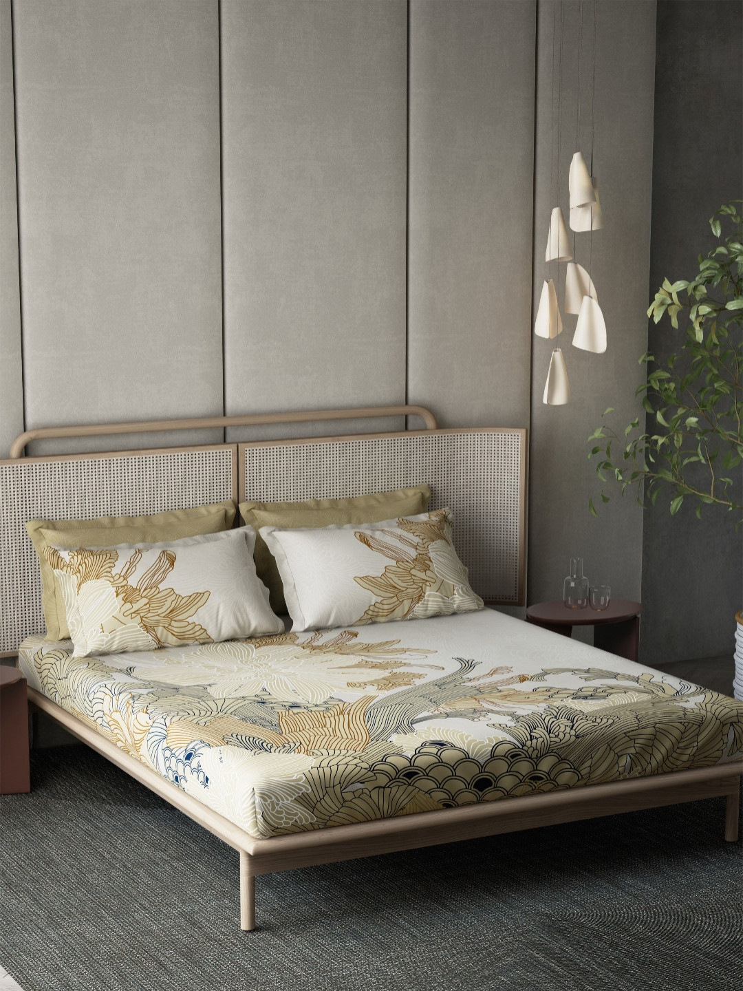 DDecor Okinawa Beige Geometric Pure Cotton 180 TC Super King Bedsheet Set-2.74mX2.74m