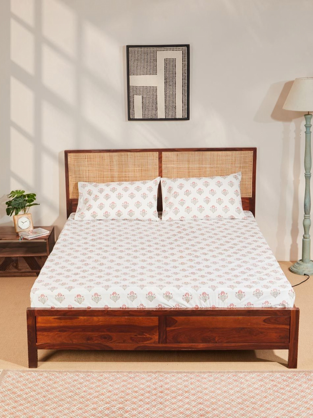 Fabindia White & Pink Floral 180 TC Cotton Double Queen Bedsheet Set 2.35 m x 2.6 m