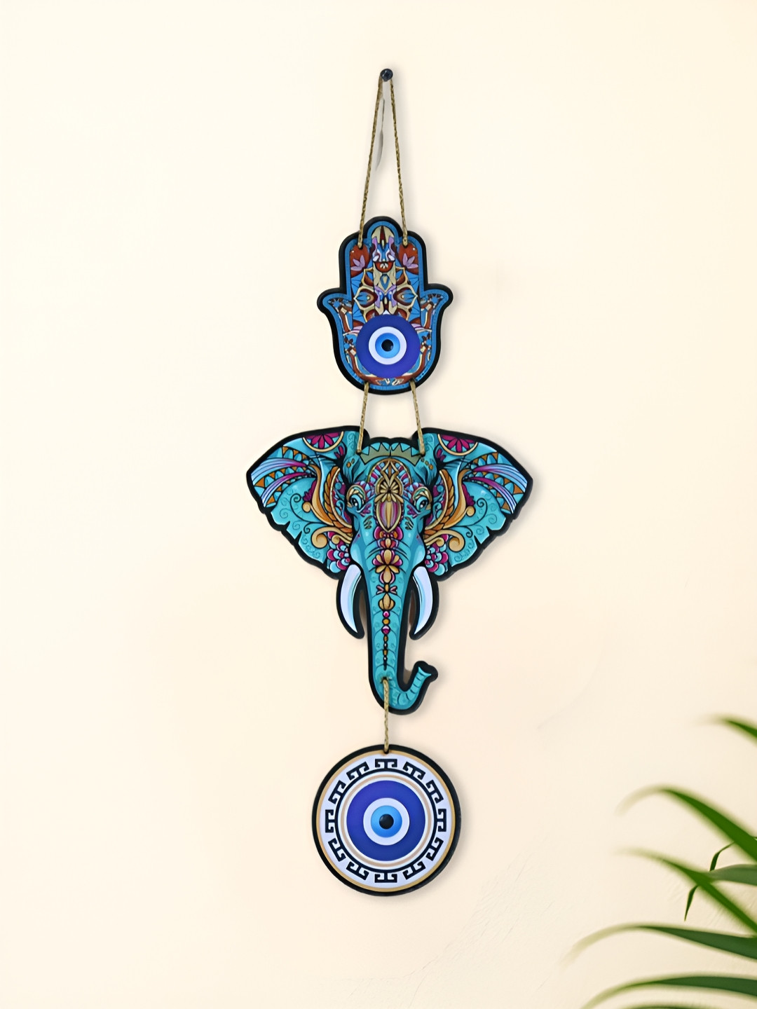 INTERNATIONAL GIFT Blue & Yellow Elephant Evil Eye-Nazar Protection Wall Hanging