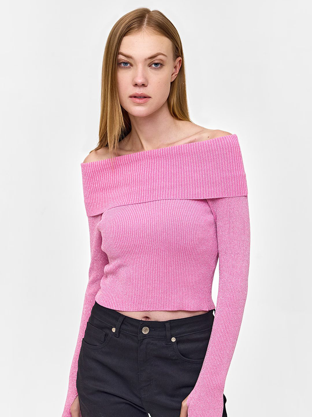 COVER STORY Women Ribbed Off-Shoulder Crop Sweaters