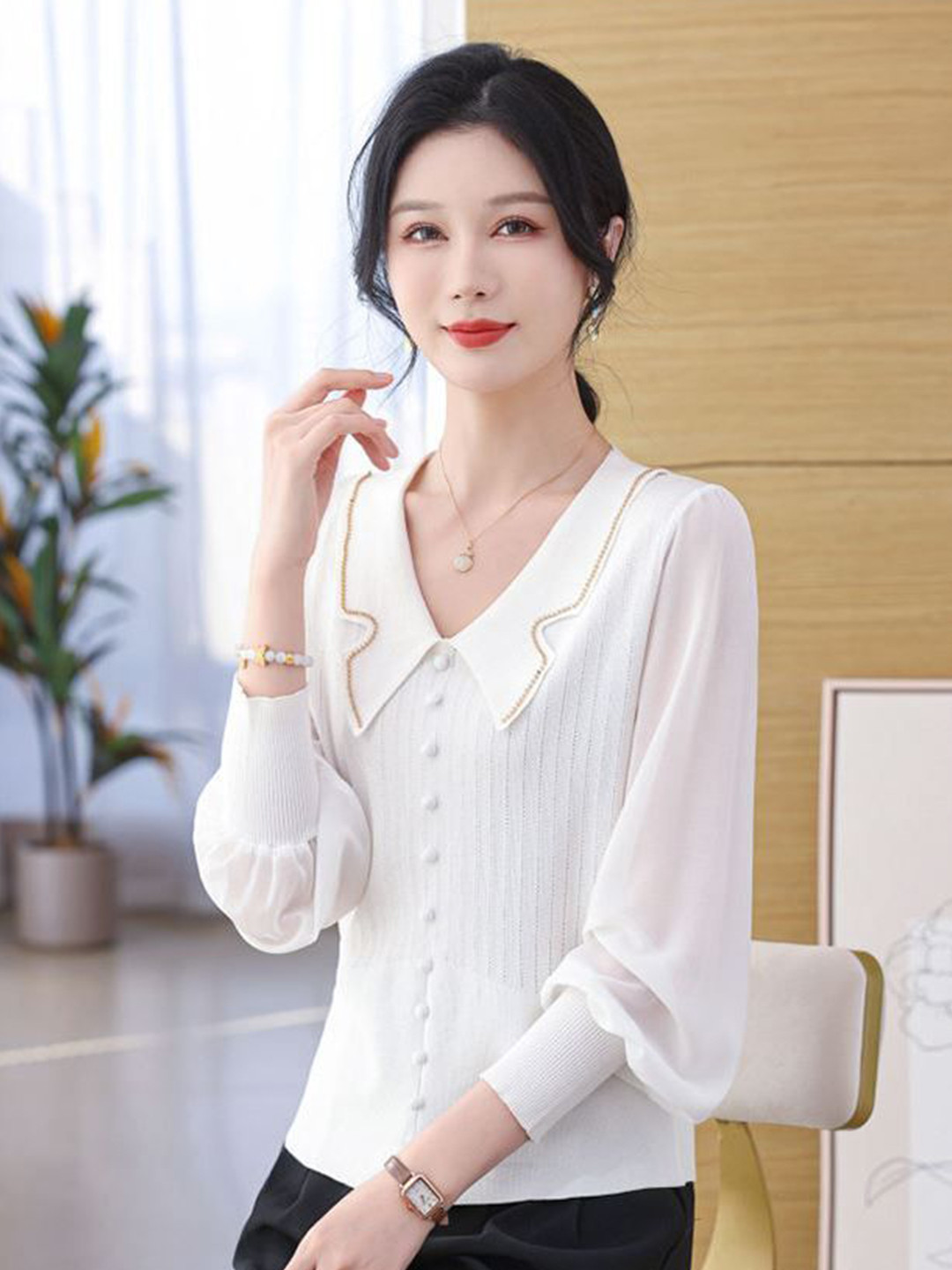 StyleCast Women White Ribbed Shirt Collar Formal Top